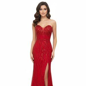 New Sleeveless Festive Maxi Gown w/Sweetheart Neck & Beads Embroidery TC TL3042C